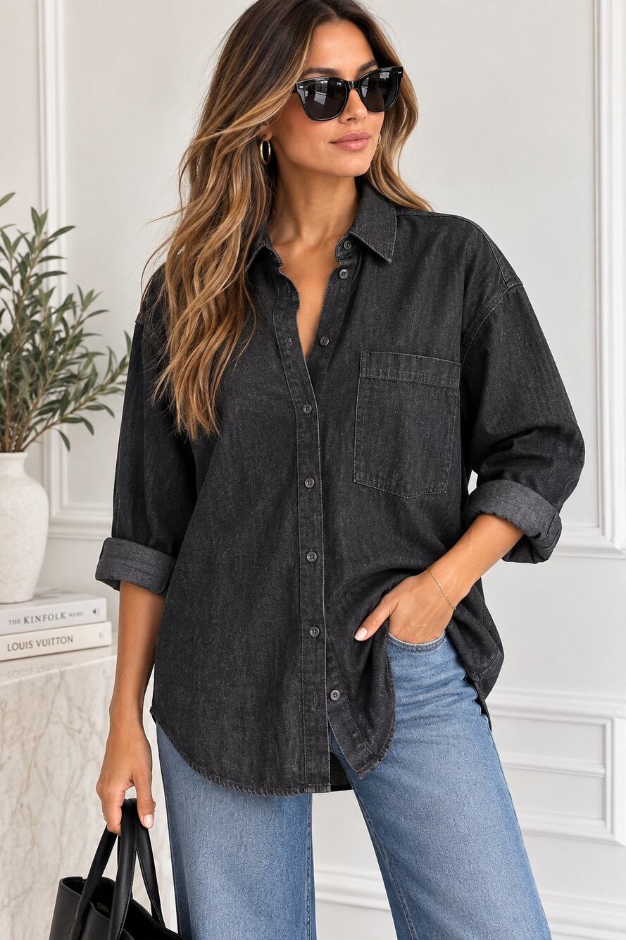 Banana Republic Women’s L Oversized Chambray Shirt 100% Cotton Charcoal Black